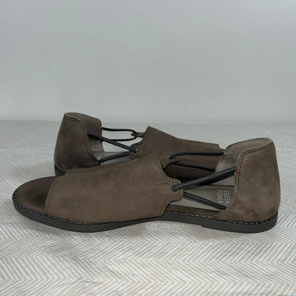 Eileen Fisher Women's Peep Toe Sandals Flat Shoes Sz 7 Brown Suede Flats Leather